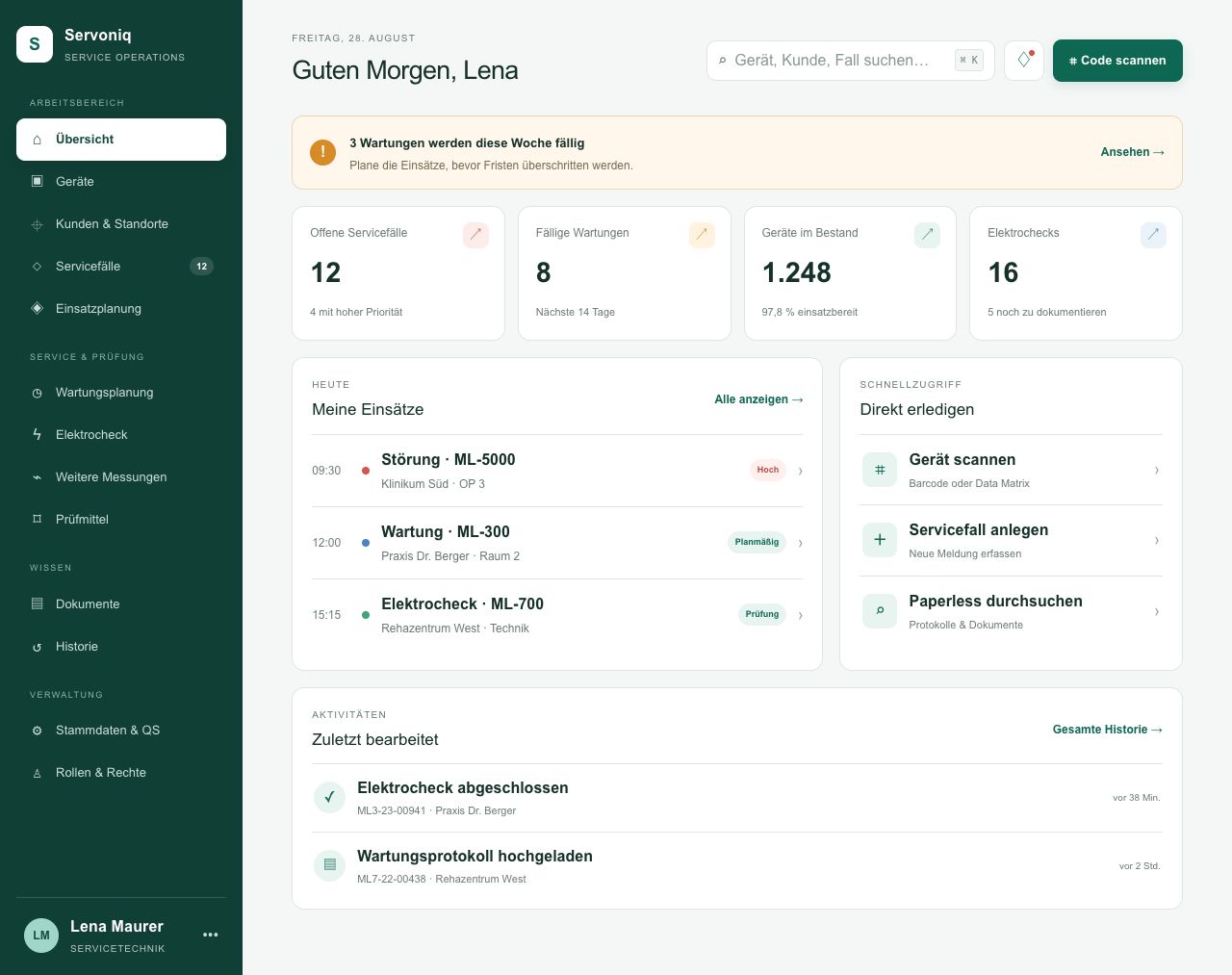 ServonIQ Dashboard mit Servicekennzahlen und Einsätzen